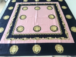 Italian shawl on a pink and deep blue background with golden jellyfish heads, 87 x 84 cm