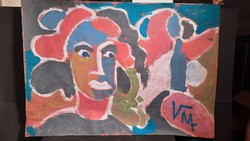 Cs. Németh Miklós: Férfi arc, akttal (tempera, papír, 70x100 cm) nagyméretű arckép