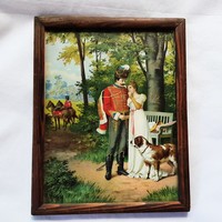 Huszár with his beloved, romantic old oil print framed