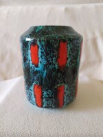 Péter ferenc - turquoise tube vase with coral red decor, marked 20 cm