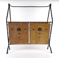 1K062 old applied art wrought iron newspaper holder with leather decoration