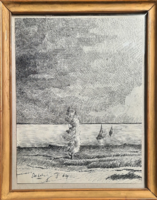 Vitorlások a tavon, 1964 (tollrajz keretben) 27x21 cm - vizes tájkép