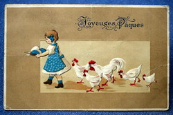 Antik dombornyomott grafikus Húsvéti üdvözlő litho képeslap kislány baromfiudvar tojás