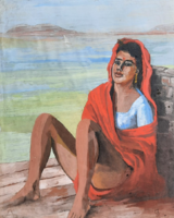 Indiai lány a vízparton - Kalkutta 1964 (tempera 47x40) azonosítatlan