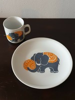 Ritka Alföldi porcelán gyermek étkészlet retro elefánt állat mese mintás tál tányér pohár bögre