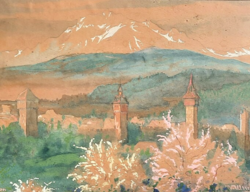 Ulrich Géza: Luzern, 1900 (tempera, karton, jelzett) svájci városkép, hegyel