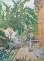 A nyaralónál (akvarell, 38×30 cm) derűs nyári kép, nyaraló - "Schoelle" jelzés a papíron