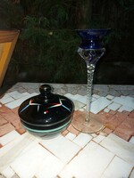 Belgian black glass bonbonier (flawless), 12 cm, and blown glass candle holder (with a small stain), 20 cm