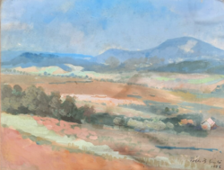 TÓTH B. LÁSZLÓ panoráma tájkép (tempera, 1956, 40x49 cm) hegyek a távolban