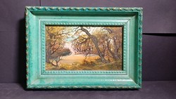 László Marosán: September landscape (oil, wood fiber, 15x25 cm)