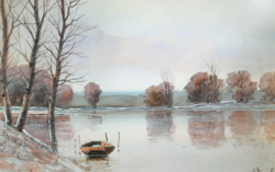 Wárkonyi Gyula: A magányos csónak (olaj, fa, kerettel 67x90 cm) téli táj tóval