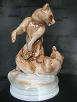 Zsolnay Makup Béla porcelán medve birkózó medvék nagy méretű 30 cm