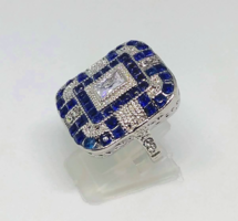 Art Deco 925-s töltött ezüst (SF) gyűrű, zafír kék kövekkel