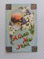 Régi újévi képeslap levelezőlap hóvirág tájkép