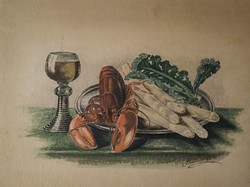 Antique painting still life with crab. Watercolor cardboard. 30X40 cm