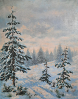 Téli fák (olaj, vászon, 62x50 cm) napsütötte havas táj