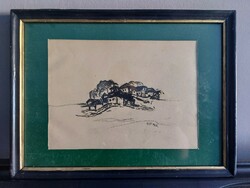 Signed drawing - village 075