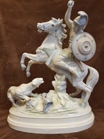 NAGY MÉRETŰ!!! Antik lovas porcelán szoborcsoport római katona lóháton küzd egy pumával