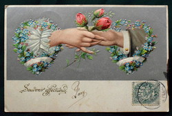 Antique silver background embossed greeting litho postcard hand holding rose forget-me-not heart
