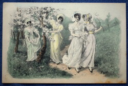 Antique mm vienne graphic greeting card ladies spring walk