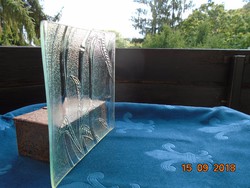 Dombor bambusz mintás ,szögletes ,vastagfalu öntött üveg tál