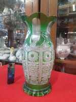Antik Biedermeier Metszett Zöld Üveg,Virágmintás Váza. 23 cm.