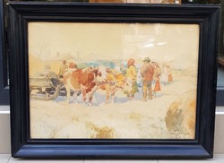 Wallburg Egon (Zórád Ernő) : Vásárban, 50x70 cm.!