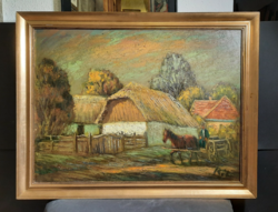 Réti Mátyás: Vidéki életkép (Teljes méret 70x90 cm) olaj, farost, hintó, ló