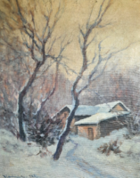 Vitéz Sashegyi Kálmán: Téli táj házikókkal (kerettel 70x60 cm, szignózott) olaj, vászon