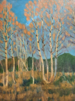 Nyírfák (olaj, karton, kerettel 38x31 cm) békés erdei tájkép