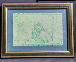 András Orvos - romantic scene in the park - framed pen drawing (full size 16×21 cm)