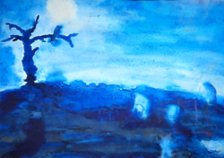 Éjszakai táj teliholdkor, 1974 (akvarell) a kék szín árnyalatai, modern, kortárs, azonosítatlan