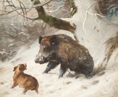 Carl deiker - hound hunting wild boar - reprint