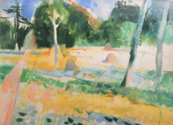 Gulyás Dénes (1927-2003): Park (akvarell 1958-ból) címkézett - derűs, napsütötte tájkép