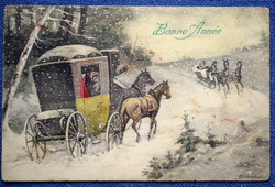 Antik Vienne tipusú grafikus Újévi  üdvözlő képeslap  téli táj lovas kocsi szán