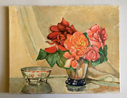 Old retro vintage canvas naive painting flower still life oil painting naive painter