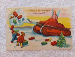 Régi karácsonyi képeslap rajzos levelezőlap ajándékszóró tank angyal gyerekek II. vh
