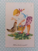 Régi húsvéti képeslap tyúkos kislányos levelezőlap