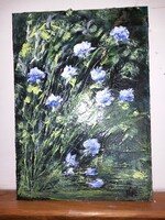 "KÉK virágok domborháttérrel"  32 x 45 cm,ragyogó színekkel