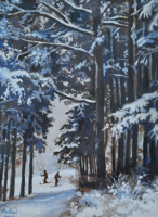 Síelők - akvarell 1943-ból "Koltai" jelzéssel - kerettel 31x26 cm - életkép, téli táj, erdő, fenyők