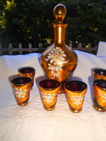 Bohémia  készlet Palack + 6 pohár- plasztikus porcelán virágokkal