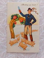 Régi újévi képeslap rajzos levelezőlap magyar népviselet malacok lóhere szerencsepatkó