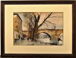 Szalóky Sándor (1921 - 1978) Híd a Szajna Felett 1961 c. festménye Eredeti Garanciával!