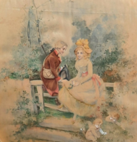 Antik selyemkép szerelmespárral (ovális kép, kerettel 50x45 cm) életkép, szerelmesek, angyalok