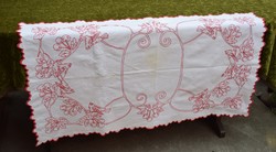 Embroidered red and white folk needlework table cloth centerpiece with thrush and cherry pattern 112 x 68 cm
