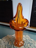 Amber-colored glass vase with a special, curved wavy rim design!