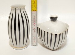 Hollóházi fekete csíkos porcelán váza és bonbonier 2 db (2321)