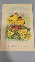 Régi húsvéti képeslap, üdvözlőlap, levelezőlap, kiscsibék, színes tojások 1932