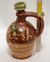 Mezőtúr, colorful flower pattern, brown glazed, small folk ceramic jug (2328)