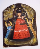 Szűzanya a kis Jézussal, és angyalokkal modern újra értelmezésben. Deszkára festett kép.